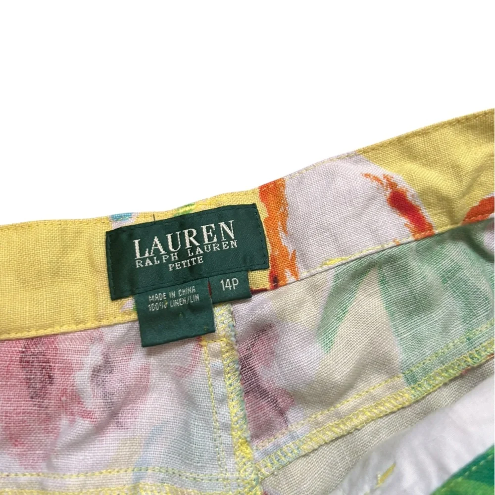 LRL Lauren Ralph Lauren‎ 100% Linen yellow floral cropped pants size 14P - Picture 2 of 7